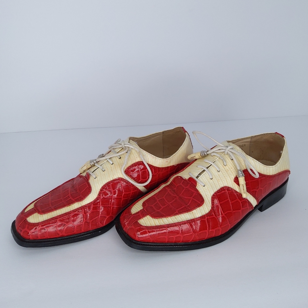 Rossini White And Red Aligator Pattern Leather Shoes, MENS SIZE 10